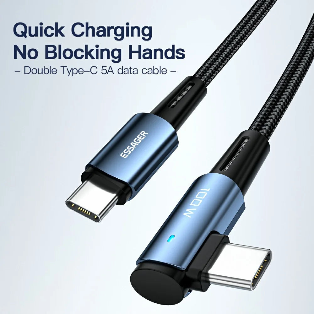 ESSAGER ChenGuang 1m 100W Type-C Male to Type-C Male Elbow Cable 5A Fast Charging Braided Data Cord - Blue - 2