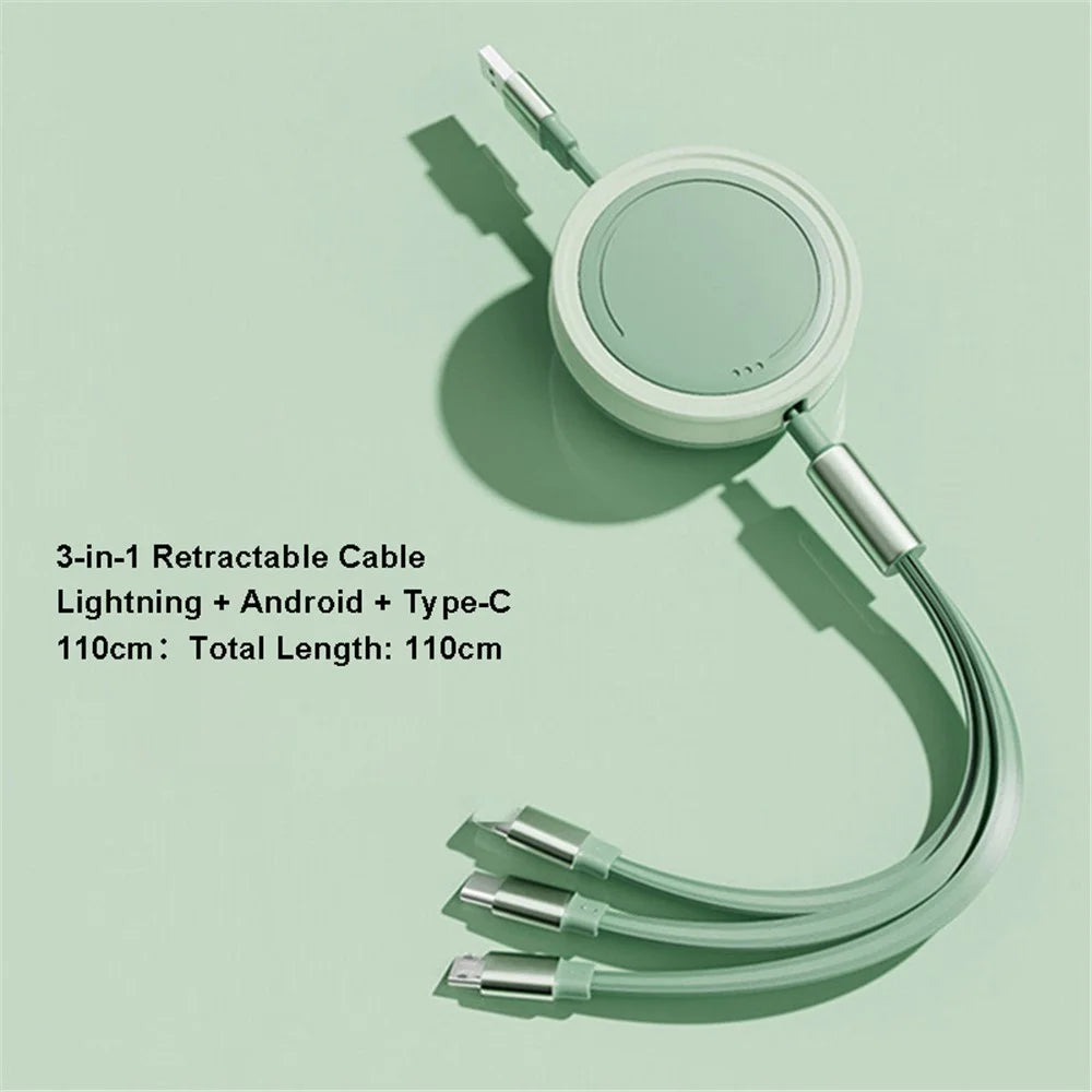 3 in 1 Type-C / Lightning / Micro USB Retractable Data Cable 66W Fast Charging Cord - Green - 2