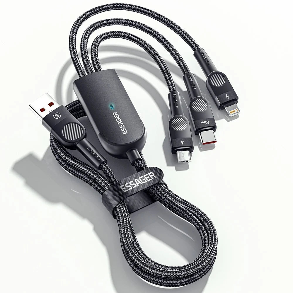 ESSAGER 1.2m 3 in 1 Micro / Type-C / Lightning Data Cable 66W Fast Charging Cord - Black - 1