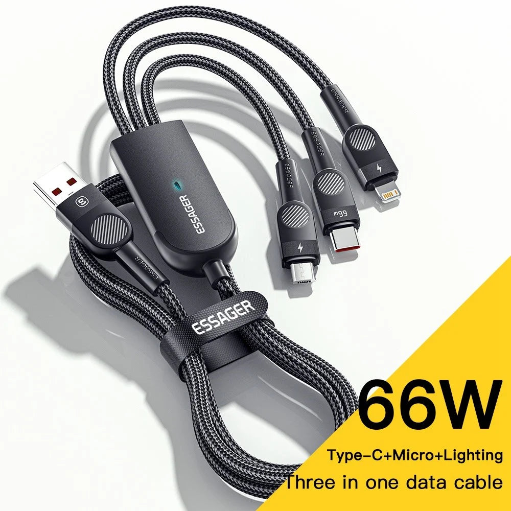 ESSAGER 1.2m 3 in 1 Micro / Type-C / Lightning Data Cable 66W Fast Charging Cord - Black - 2