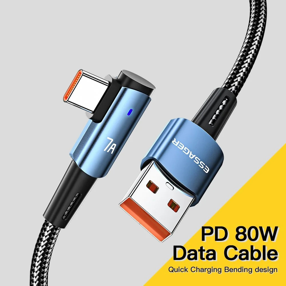 ESSAGER 2m USB to Type-C Cord Support 7A Fast Charging Elbow Design Braided 480Mbps Data Transmission Cable - Blue - 2