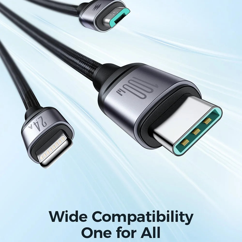 JOYROOM SA21-1T3 Speedy Series for iPhone 15 Series 1.2m 3-in-1 Charging Cable 100W Nylon Braided USB-A to iP+Type-C+Micro Fast Charging Cord - 2