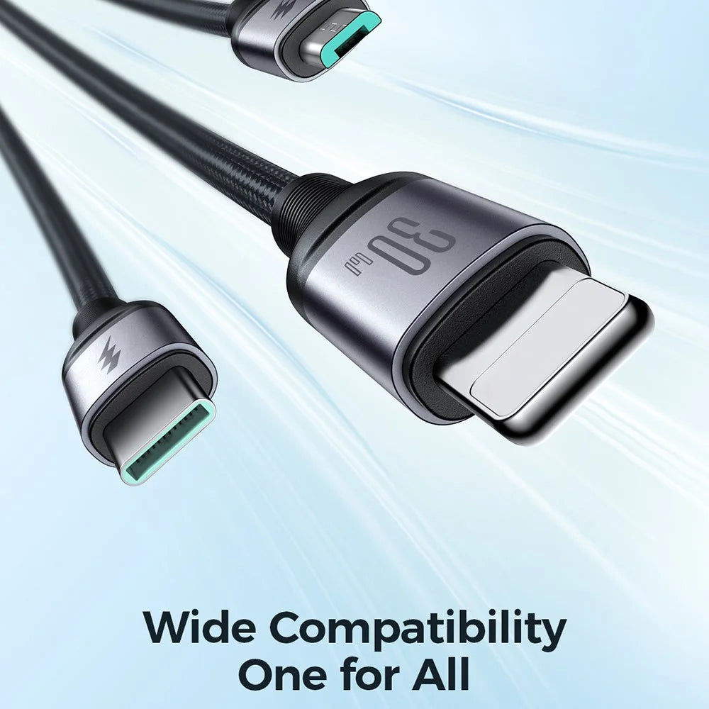 JOYROOM SA21-1T3 Speedy Series for iPhone 15 Series 1.2m 30W Fast Charging Cable Nylon Braided Type-C to iP+Type-C+Micro 3-in-1 Multi Charging Cord - 2