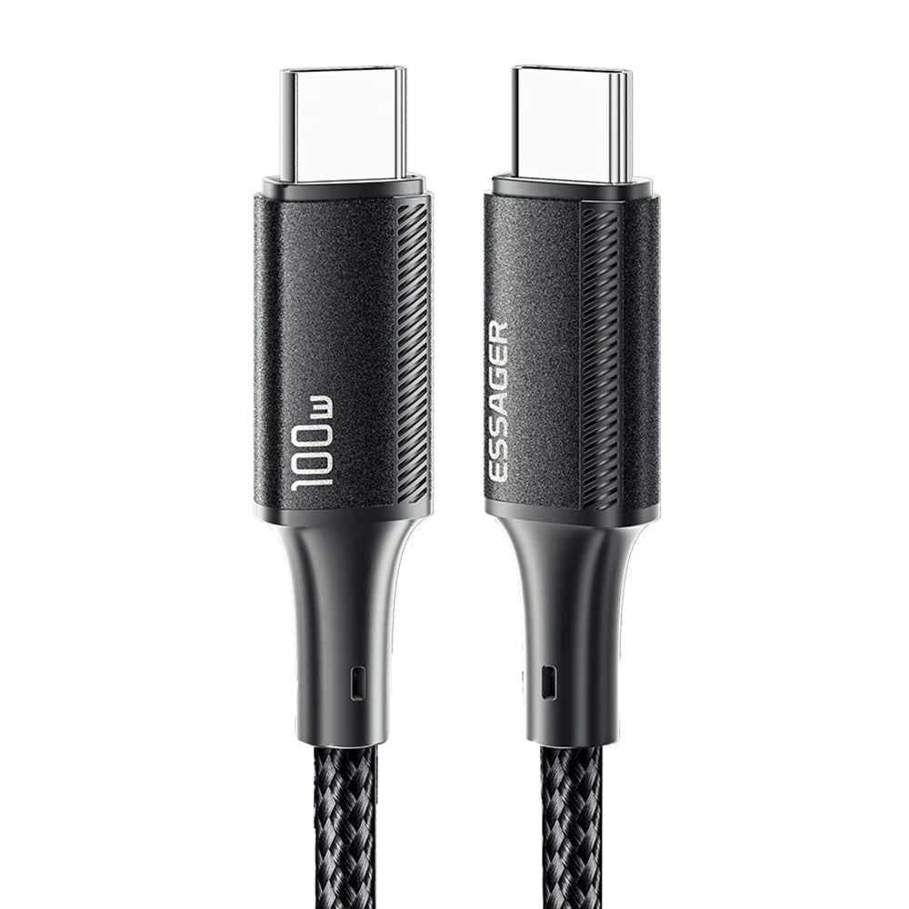 ESSAGER 0.25m Type-C to Type-C PD 100W Nylon Braided Data Cable Phone Tablet Fast Charging Cord - Black - 1