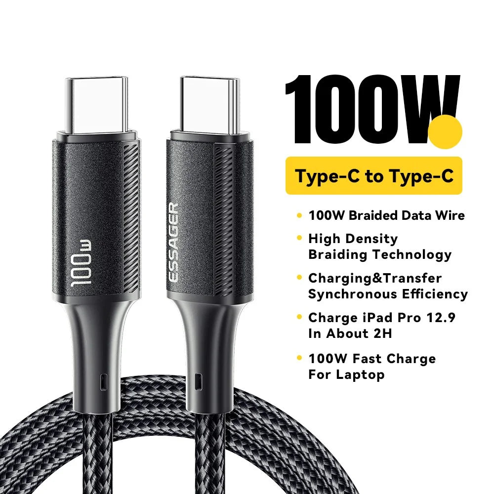 ESSAGER 0.25m Type-C to Type-C PD 100W Nylon Braided Data Cable Phone Tablet Fast Charging Cord - Black - 2