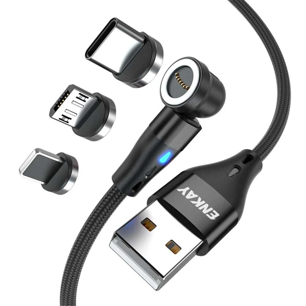 ENKAY HAT PRINCE 1m 3A Fast Charging Cable 3-in-1 Magnetic USB to 8-Pin / Type-C / Micro USB Data Cord with LED Light - Black - 1