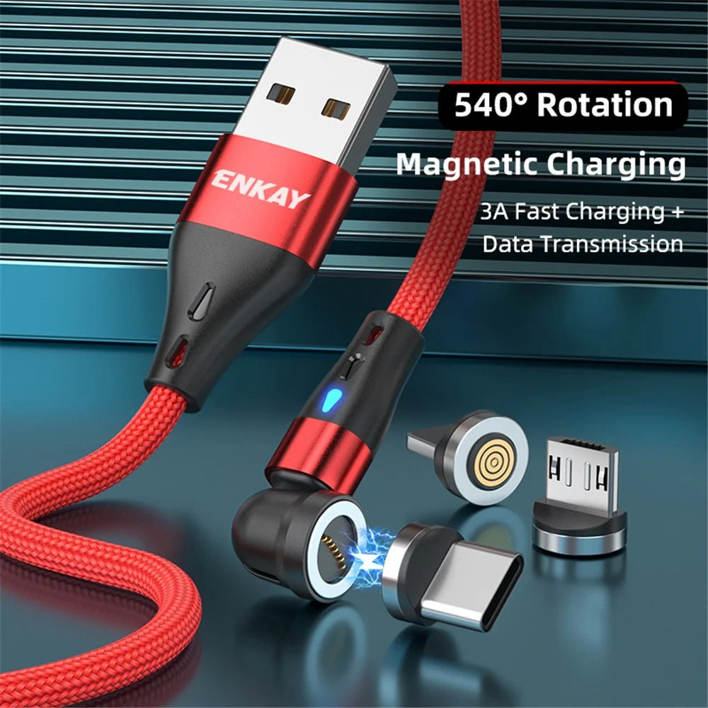 ENKAY HAT PRINCE 1m 3A Fast Charging Cable 3-in-1 Magnetic USB to 8-Pin / Type-C / Micro USB Data Cord with LED Light - Black - 2