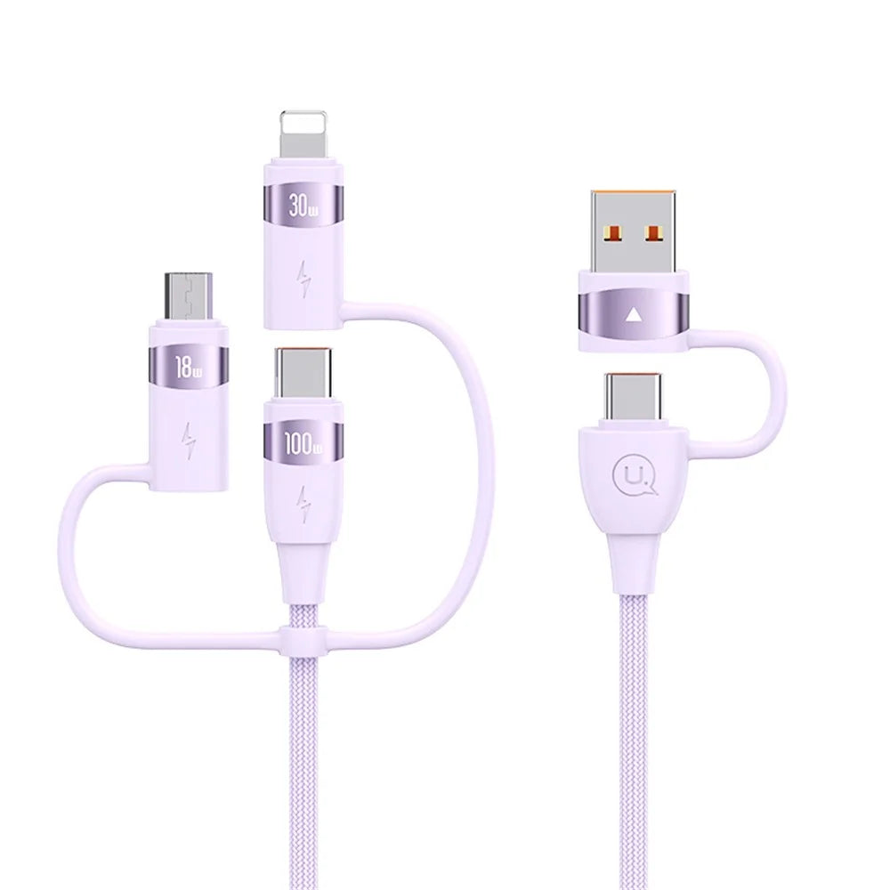 USAMS US-SJ645 U85 USB-A to Type-C to Type-C+8Pin+Micro 6 in 1 PD 100W Fast Charging Cable 1.2m Aluminium Alloy Data Cord - Purple - 1