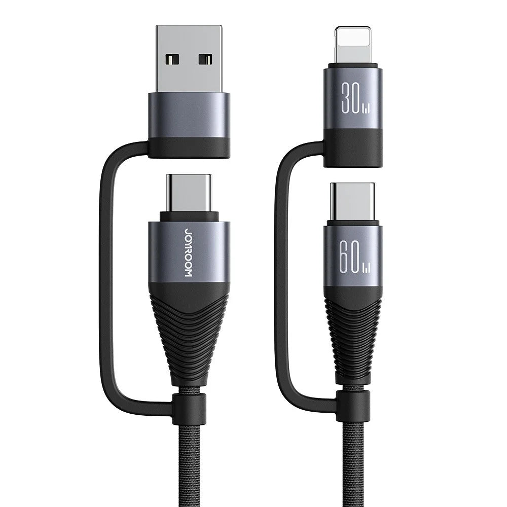 JOYROOM SA37-2T2 Multi-Function Series for iPhone 16-15 Series USB-A+Type-C to 8Pin+Type-C 60W 4 in 1 Fast Charging Cable Data Cord, 1.2m - 1