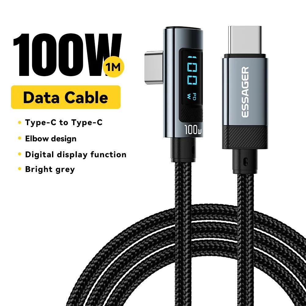 ESSAGER EX-47 1m Elbow 100W Type-C to Type-C Charging Data Cable Digital Display USB-C Charging Cord - 2