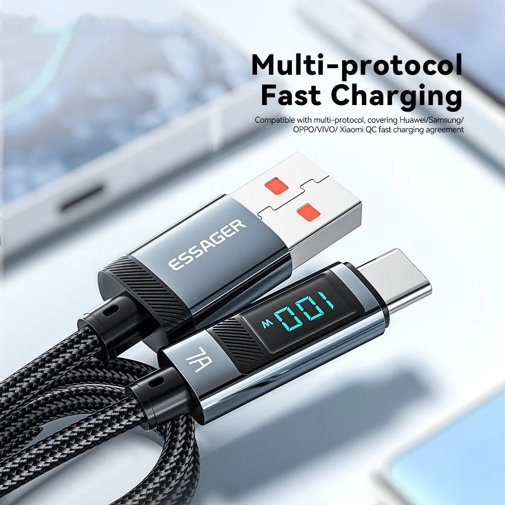 ESSAGER 1m 7A Super Charge Data Cable USB-A to Type-C Charging Cable with Digital Display - 5