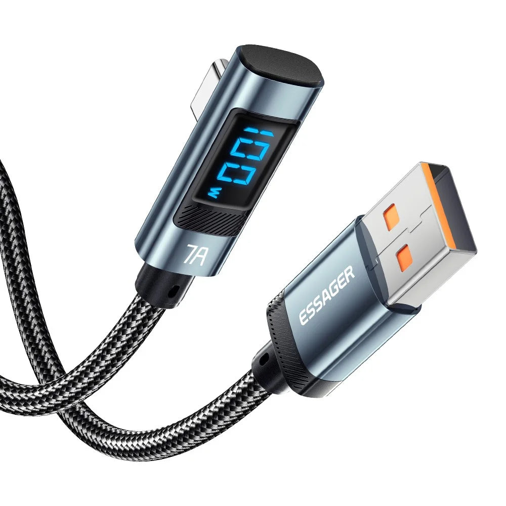 ESSAGER 2m Elbow 7A 100W Digital Display Data Cable High Power USB-A to Type-C Charging Cable - 1