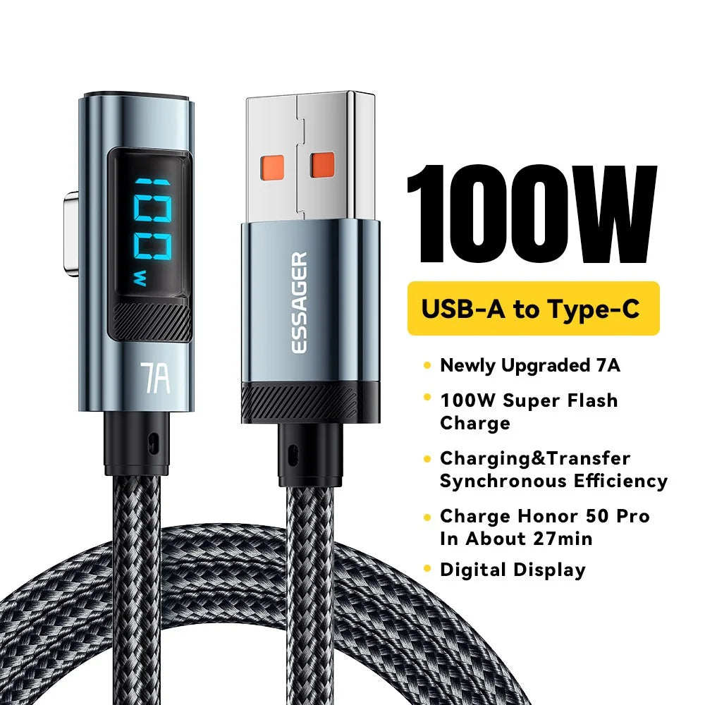 ESSAGER 2m Elbow 7A 100W Digital Display Data Cable High Power USB-A to Type-C Charging Cable - 2