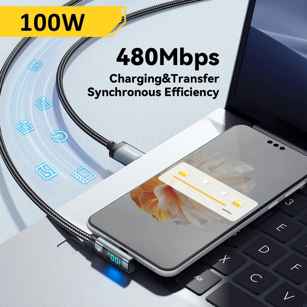 ESSAGER 2m Elbow 7A 100W Digital Display Data Cable High Power USB-A to Type-C Charging Cable - 7