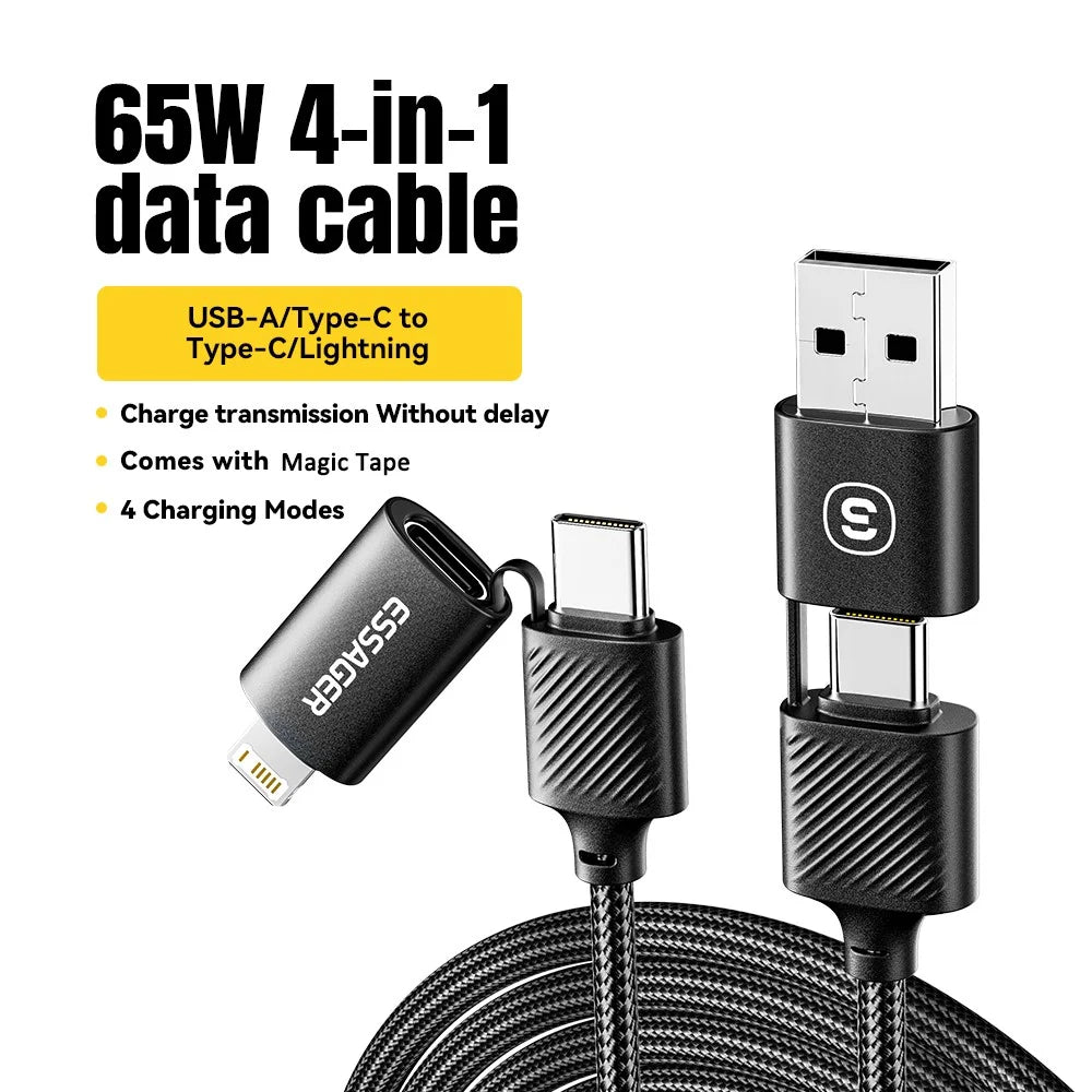 ESSAGER Starlink 1m 65W 4-in-1 Date Cable USB-A / Type-C to Type-C / 6 Pin Phone Charging Cord - Black - 2