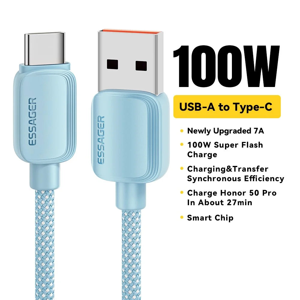 ESSAGER 1m A-C 7A 100W Date Cable USB-A to Type-C Fast Charging Cord - Blue - 2