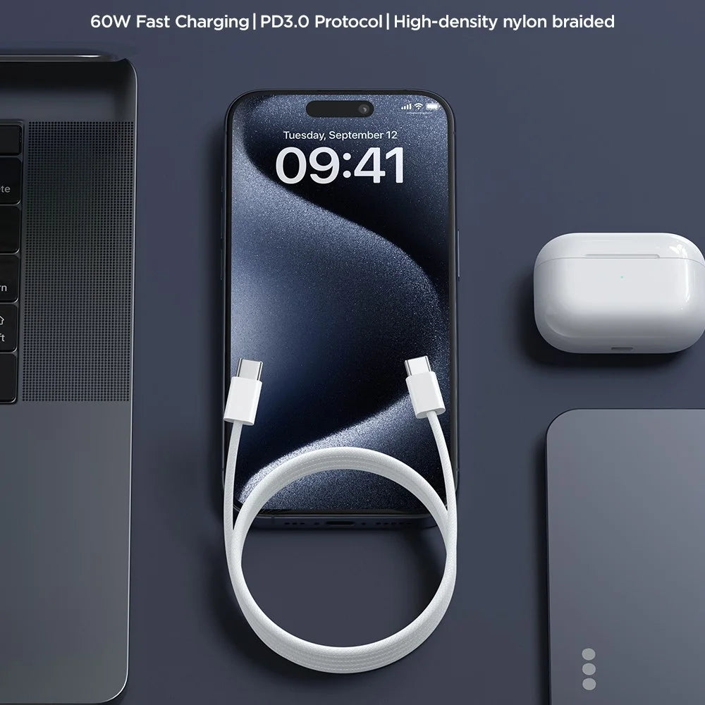 JOYROOM S-A45 Ben Series Braided Fast Charging Data Cable 1m Type-C to Type-C 60W Charging Cord for iPhone 16-15 Series , White - 2
