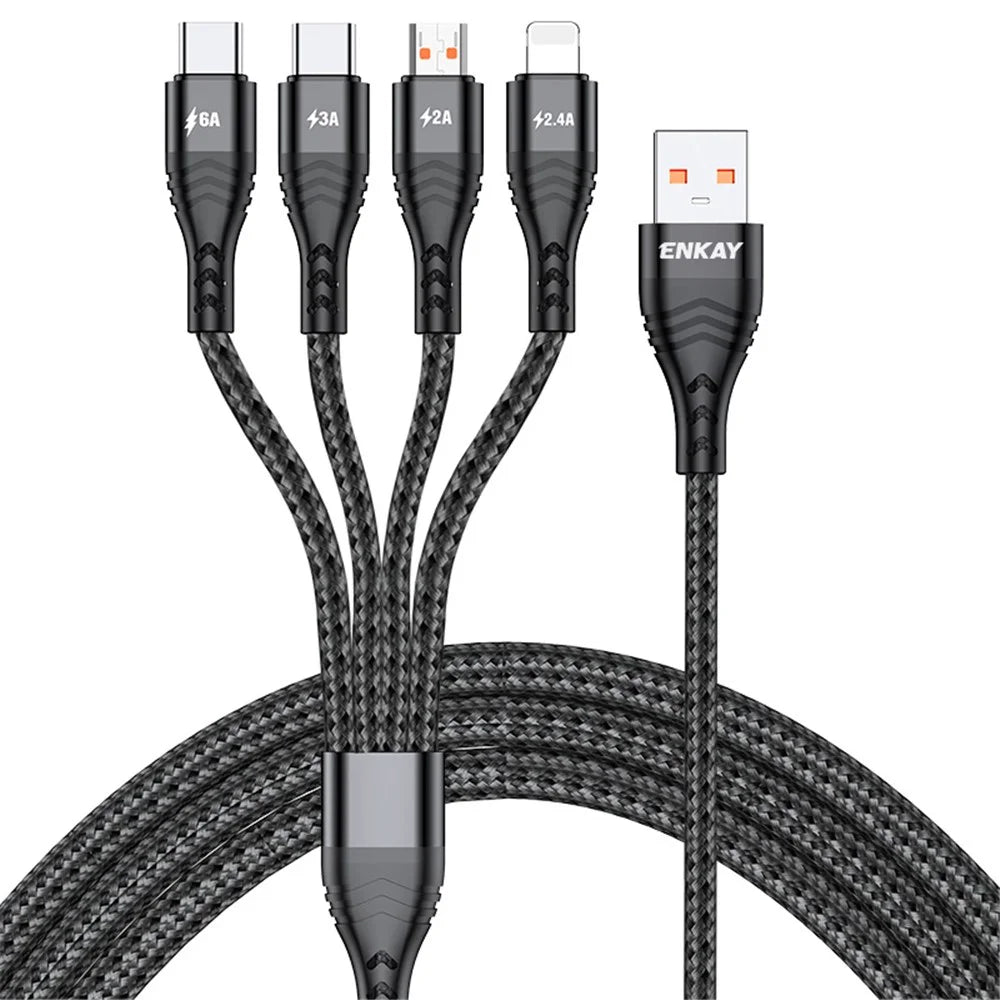 ENKAY 6A Fast Charging Cable 1.2m 4 in 1 USB to iP  /  Type-C / Mcro USB Charging Data Cord - Black - 1