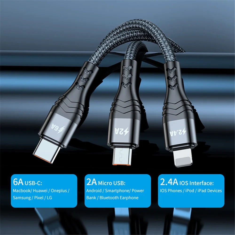 ENKAY 2m 3 in 1 USB to iP  /  Type-C / Mcro USB Cord Cell Phone Cable, 6A Fast Charging Cable - Black - 2