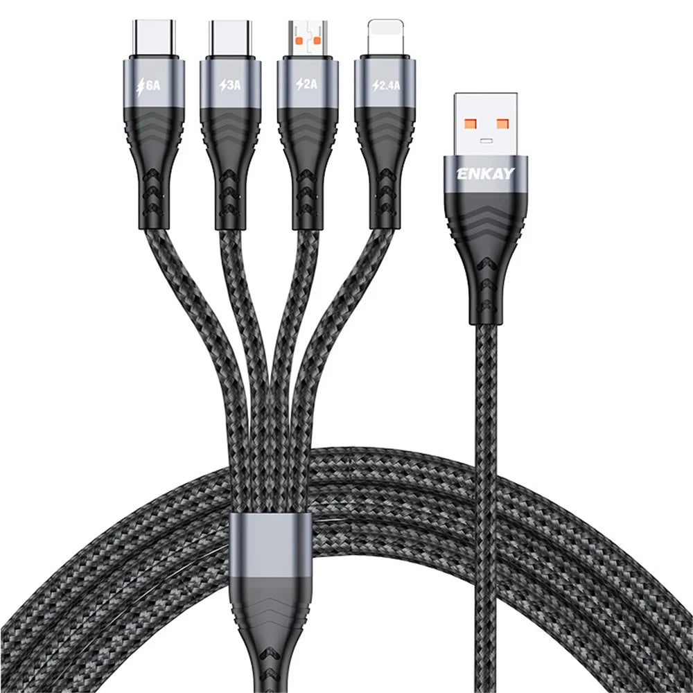 ENKAY HAT PRINCE 2m 6A 4-in-1 USB to 8Pin / Type-C / Micro USB Fast Charging Data Cable Nylon Braided Cord - Grey - 1