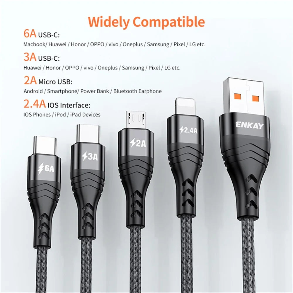 ENKAY HAT PRINCE 2m 6A 4-in-1 USB to 8Pin / Type-C / Micro USB Fast Charging Data Cable Nylon Braided Cord - Grey - 2