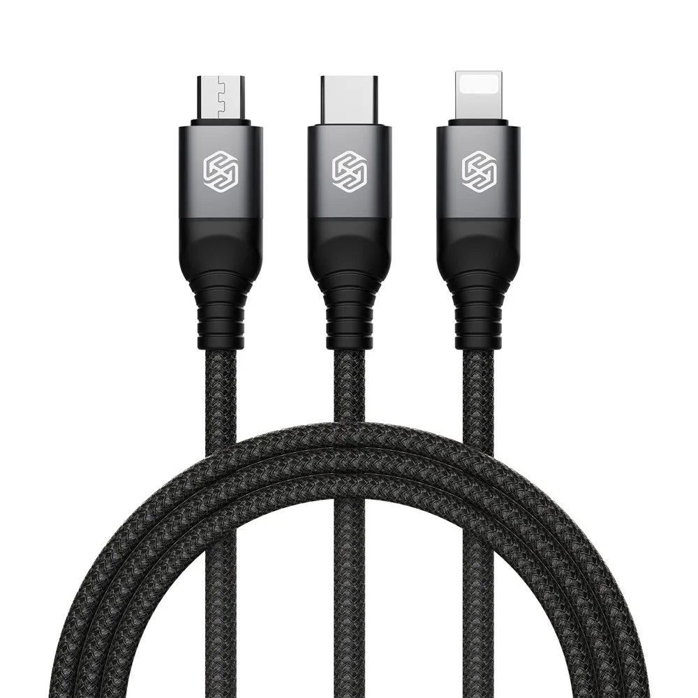 NILLKIN Swift Pro 3-in-1 Cable Nylon Braided USB to Type-C / iP / Micro Charging Cord - Black - 2