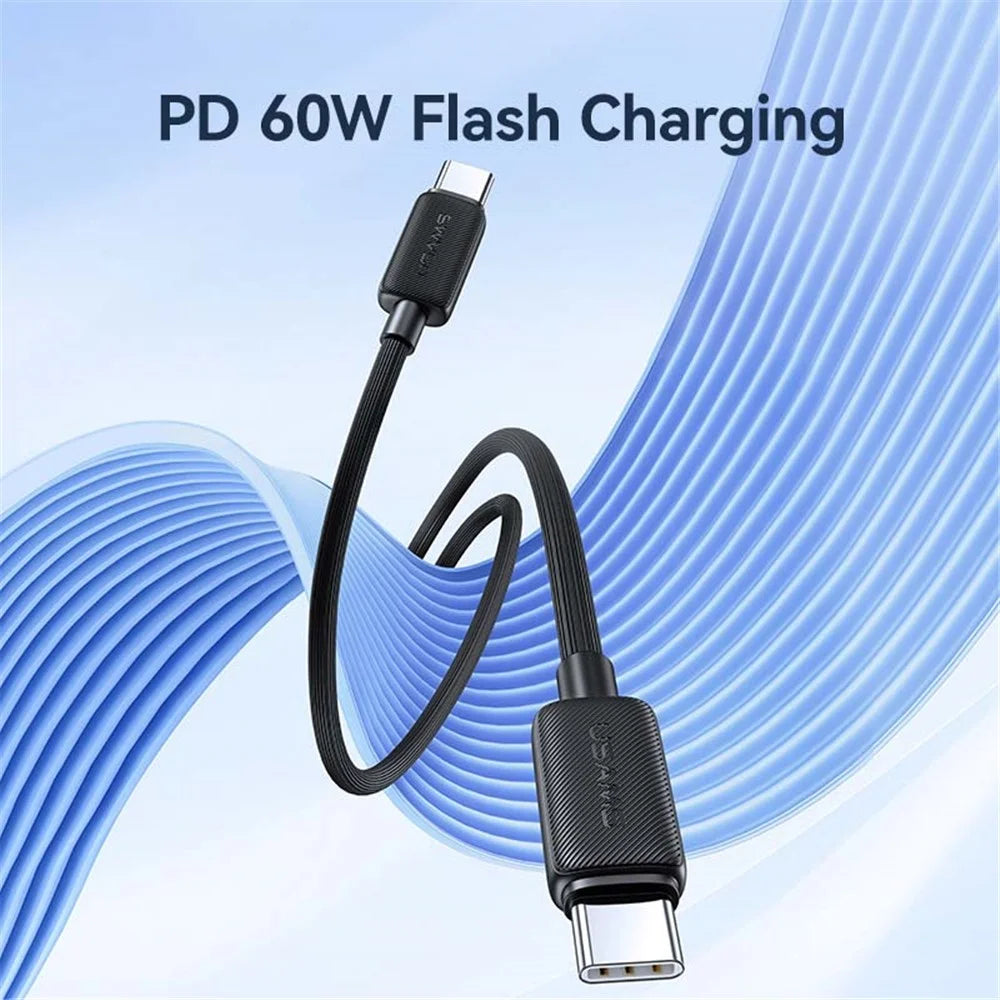 USAMS US-SJ696 2m PD 60W Fast Charging Cable Type-C to Type-C Charger Cord 480Mbps Charger Cable - Black - 2