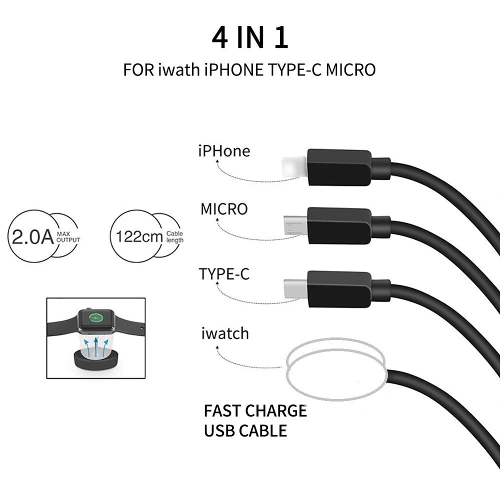122cm USB to Type-C / 8-pin / Micro / Square Watch Wireless Charger Splitter Cable for Apple Watch / Phone, with Decoding Chip - Black - 2