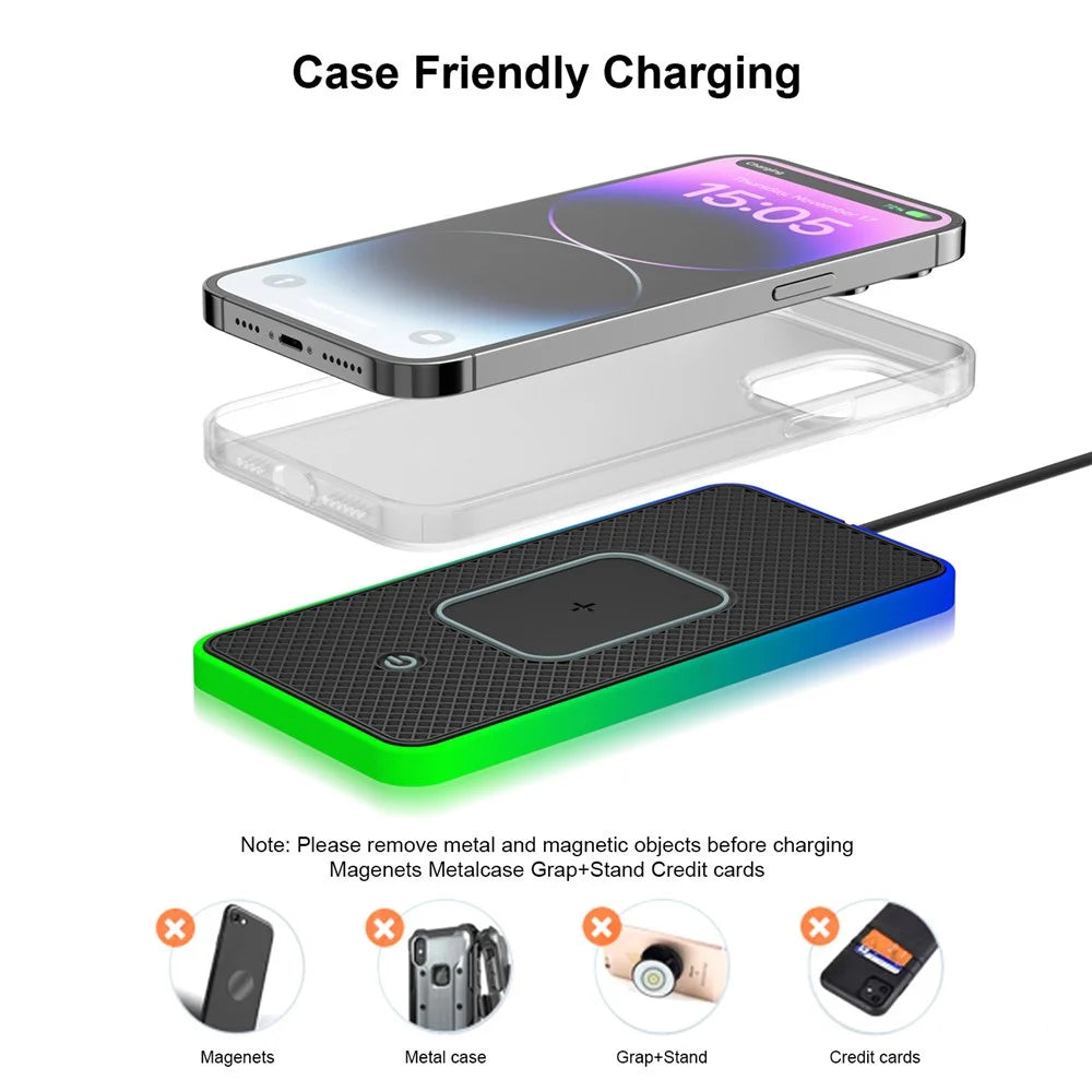Car Anti-Slip Phone Charging Pad Button Control RGB Light Wireless Charger with 1m Type-C Cable (Round) - 2