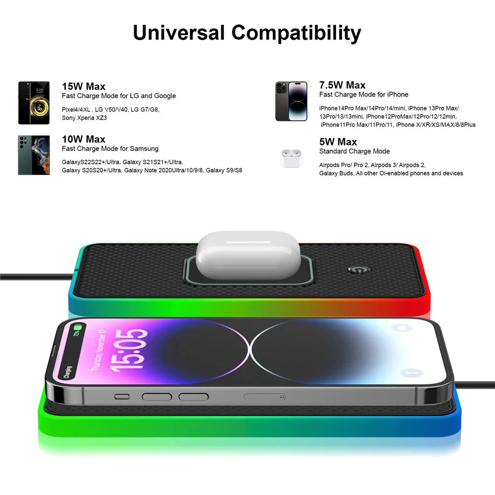 Car Anti-Slip Phone Charging Pad Button Control RGB Light Wireless Charger with 1m Type-C Cable (Round) - 4