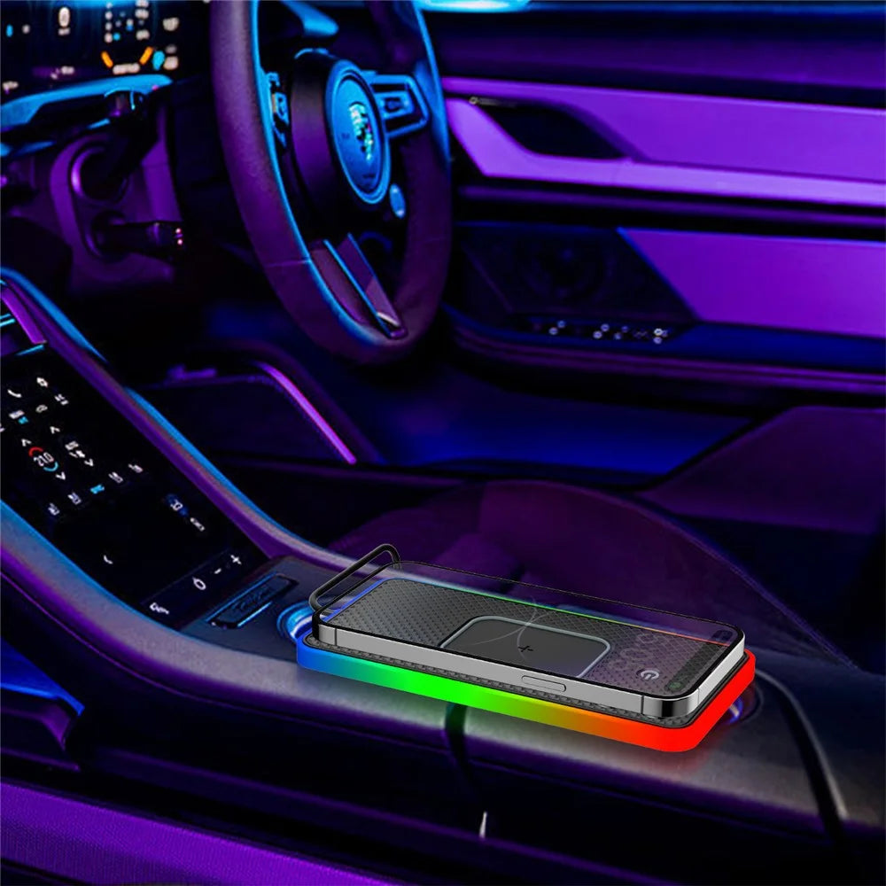 Car Anti-Slip Phone Charging Pad Button Control RGB Light Wireless Charger with 1m USB Cable (Square) - 7