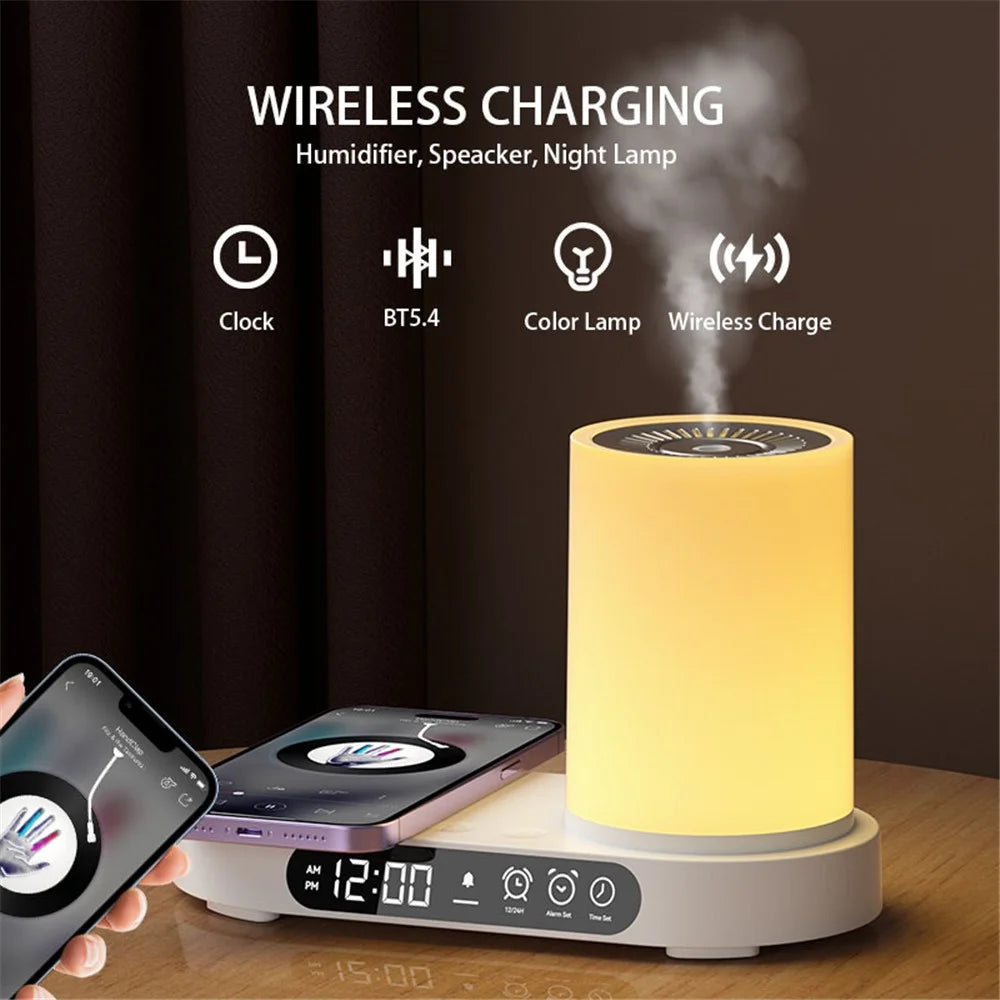 T32 Aroma Air Humidifier Night Light Bluetooth-compatible Speaker Digital Clock Phone Wireless Charger - White - 2