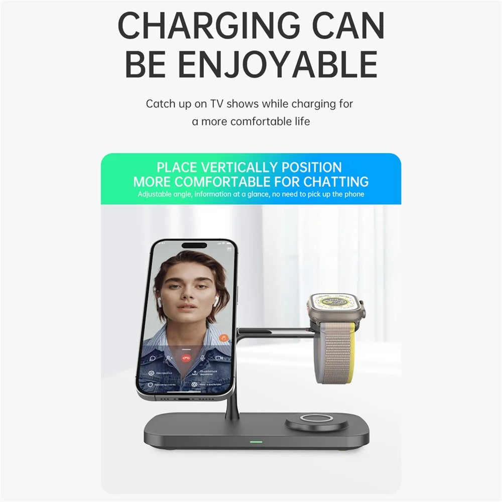 T255 3 in 1 Qi2 Magnetic Wireless Charging Station 15W Fast Charging Stand for Phone/Earbuds/Smart Watch - Black - 5