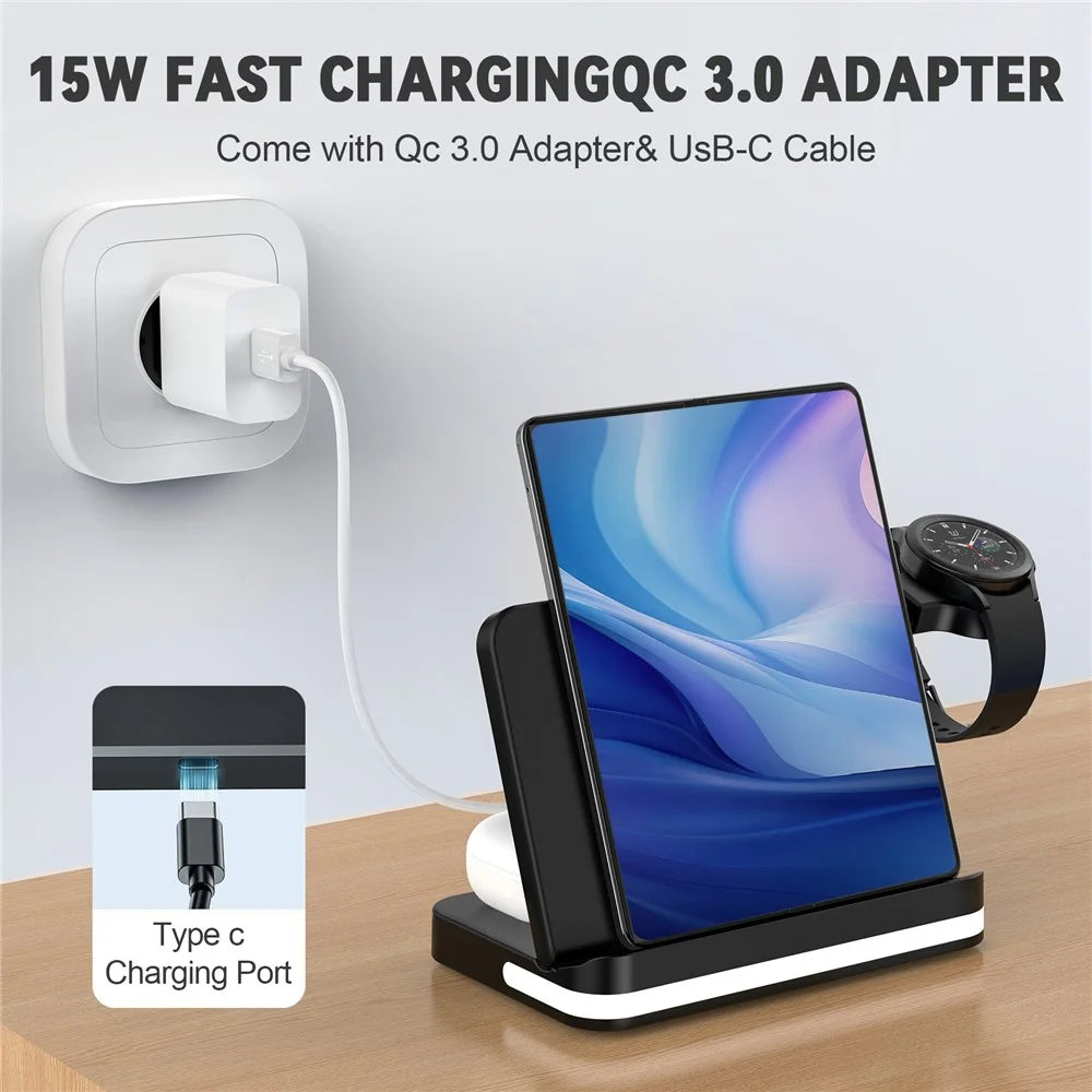 B26 For Apple Watch Wireless Charger Foldable Phone Earphone Watch 3-in-1 Wireless Charging Stand - White - 6