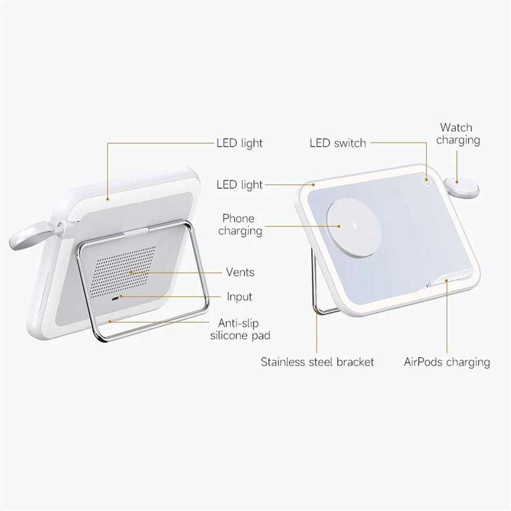 V22 3-in-1 Wireless Charger with LED Makeup Mirror and Night Light - White - 3