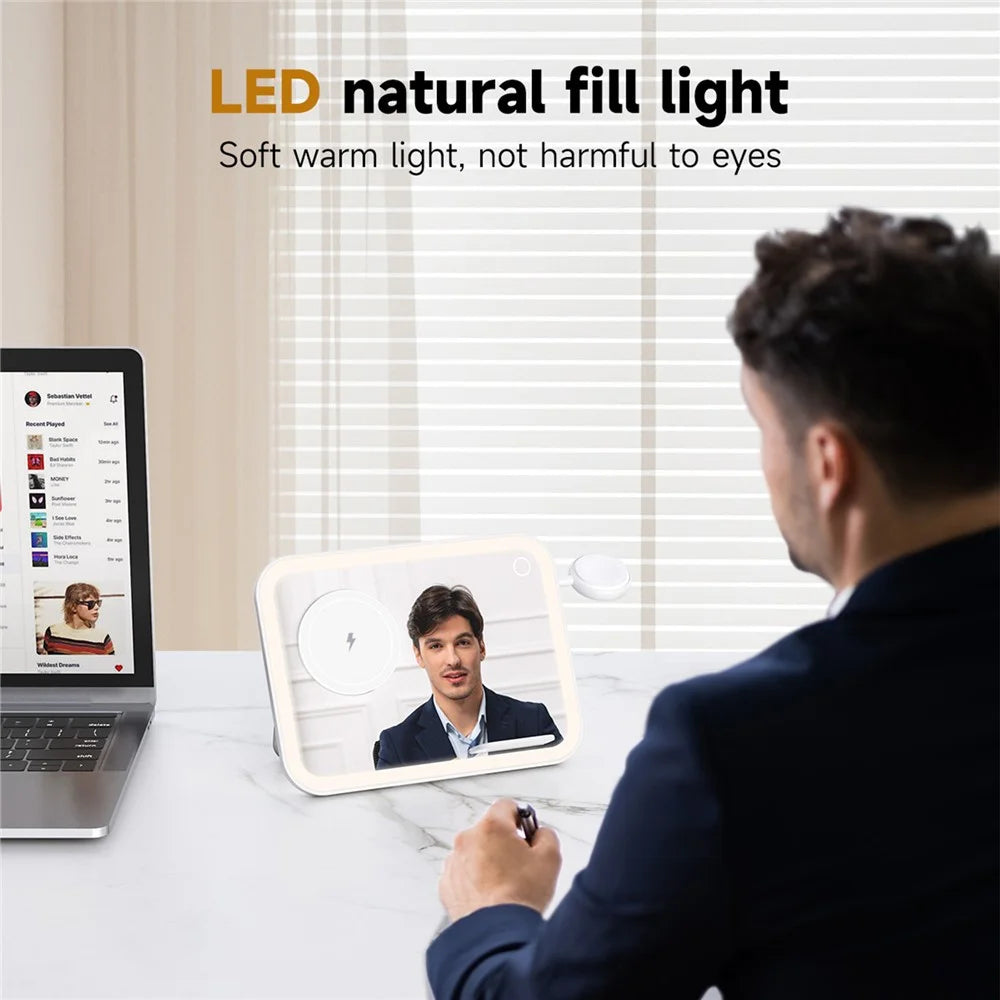 V22 3-in-1 Wireless Charger with LED Makeup Mirror and Night Light - White - 4