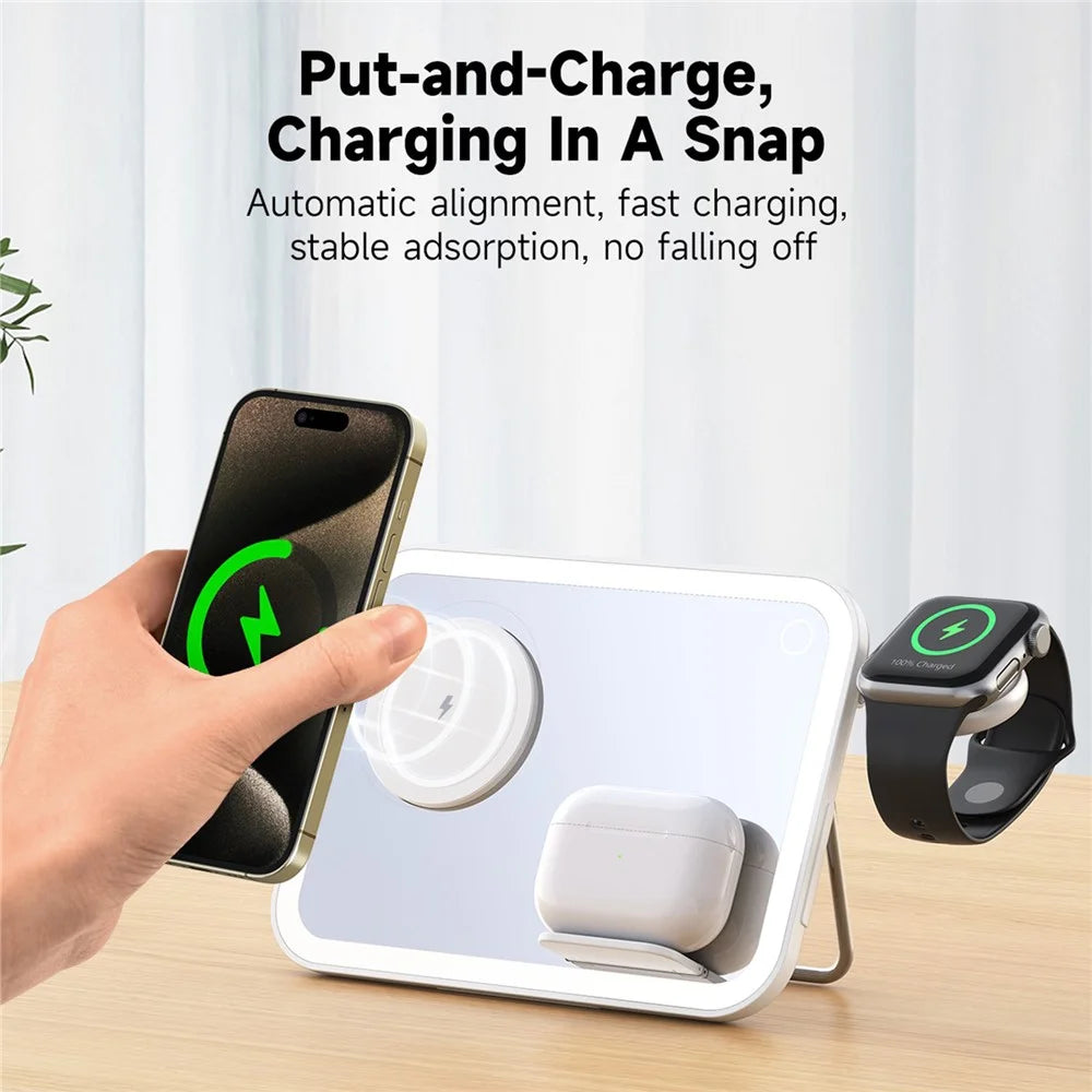 V22 3-in-1 Wireless Charger with LED Makeup Mirror and Night Light - White - 6