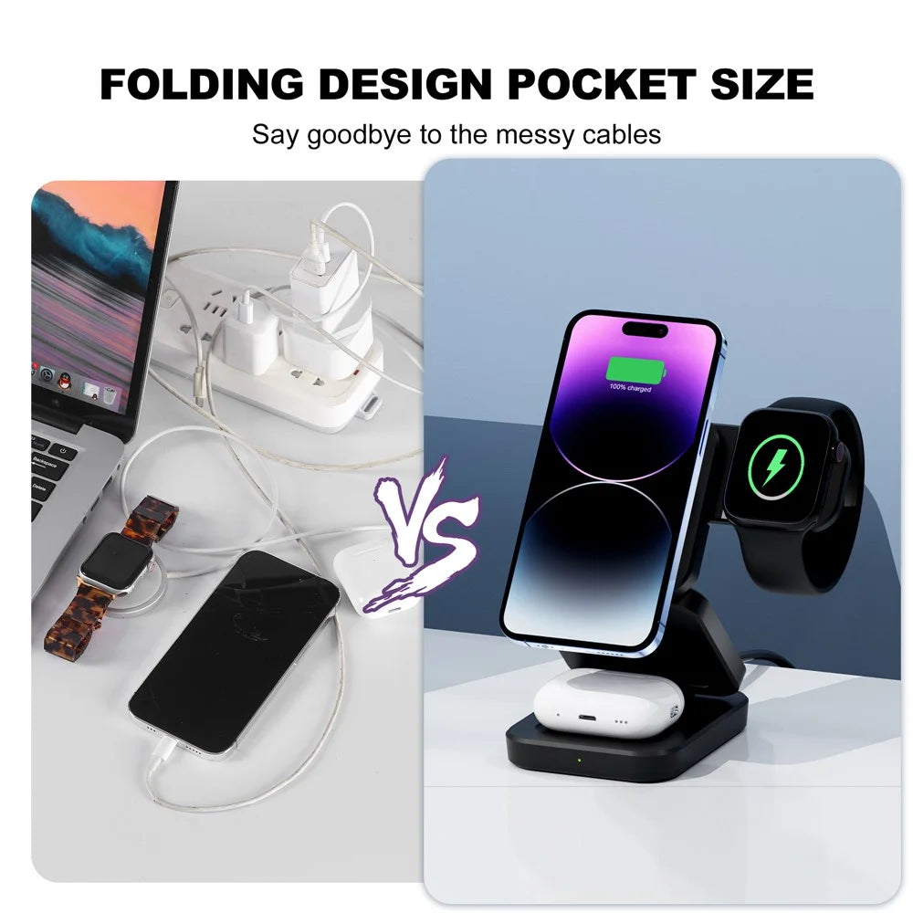 A390 Foldable 3 in 1 Magnetic Wireless Charger Stand for iPhone / Apple Watch / AirPods 15W Fast Charging Station - Black - 7