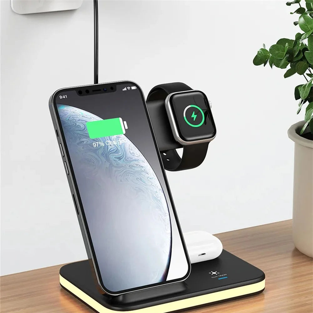 E6 4-in-1 15W Wireless Charger Phone Watch Earphone Charging Stand Night Light - White - 3