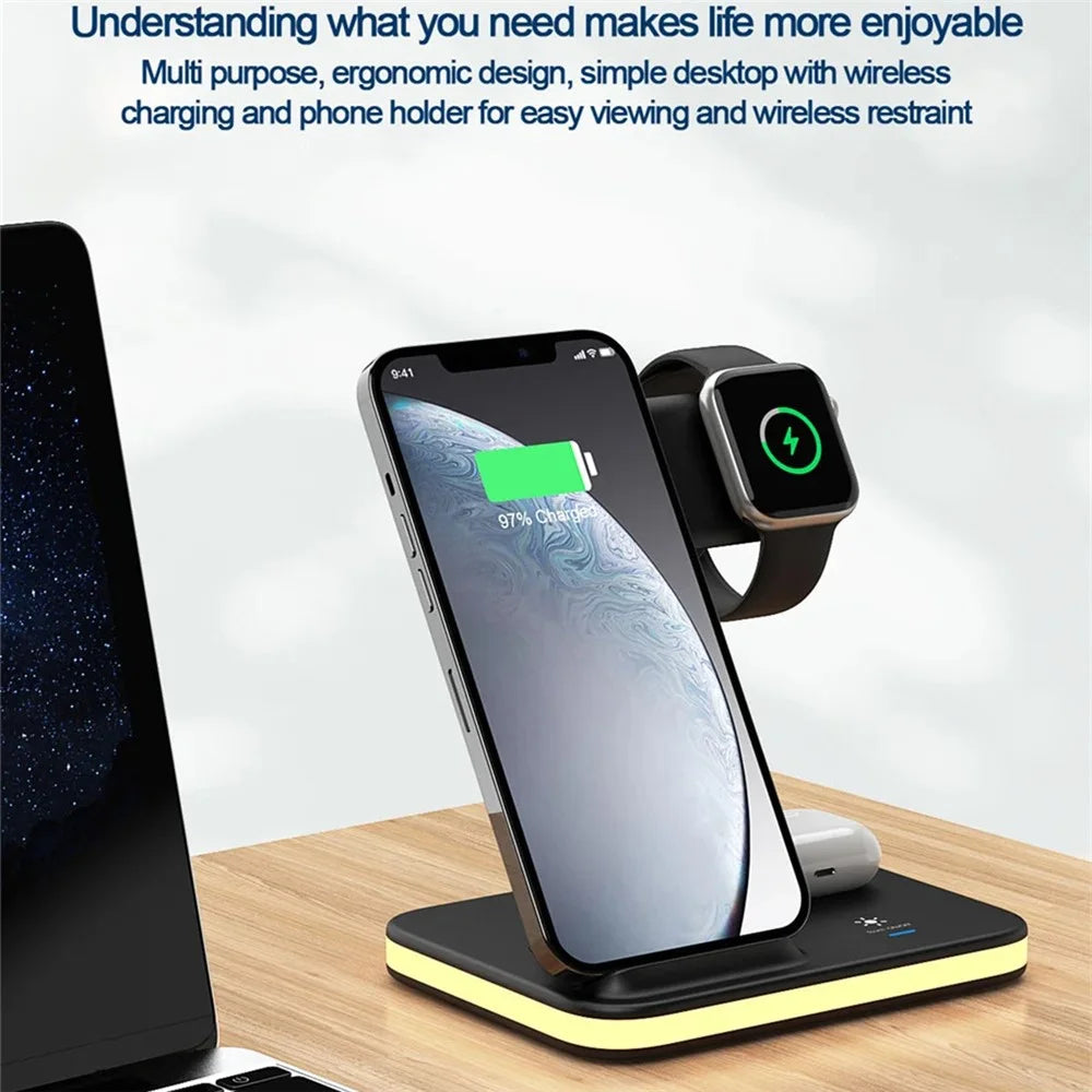 E6 4-in-1 15W Wireless Charger Phone Watch Earphone Charging Stand Night Light - White - 6
