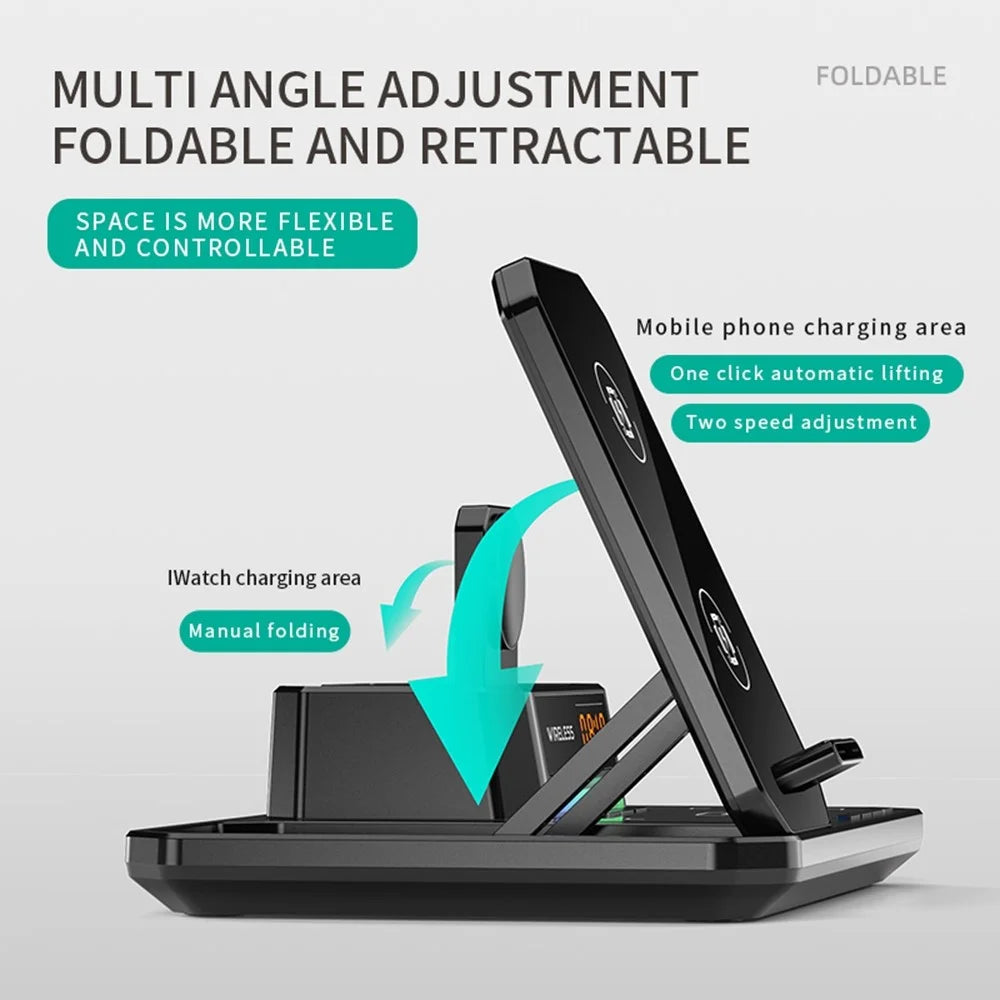 C18 6-in-1 Wireless Charger Digital Charging Station with Bluetooth-compatible Speaker RGB Light - Black - 4