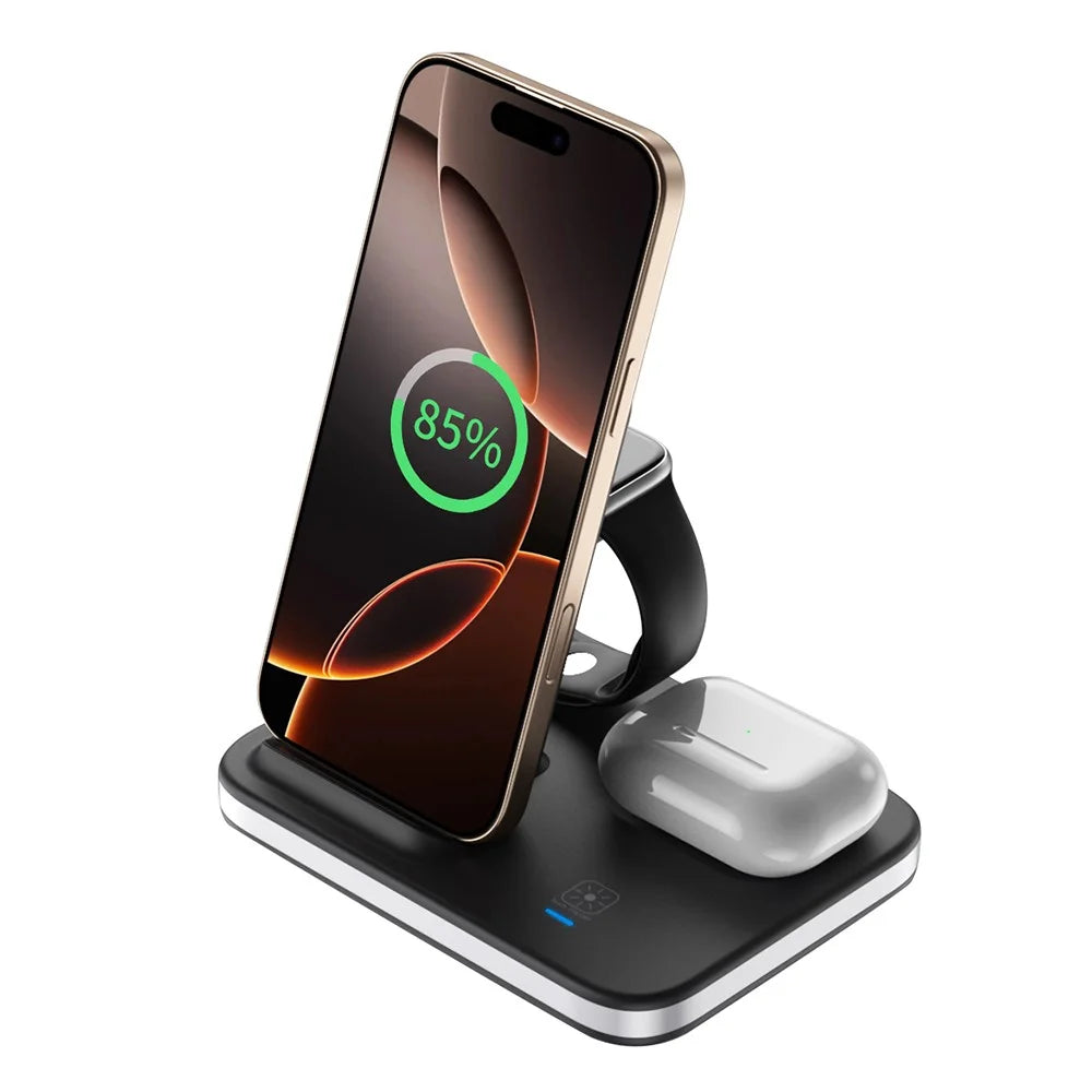 E16 Multifunction Foldable Wireless Charger Dock with Night Light for Mobile Phone / Airpods / Apple Watch - Black - 1