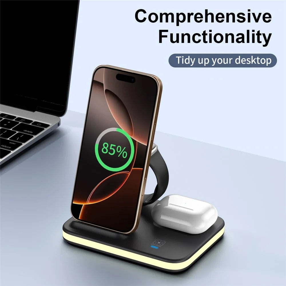 E16 Multifunction Foldable Wireless Charger Dock with Night Light for Mobile Phone / Airpods / Apple Watch - Black - 5