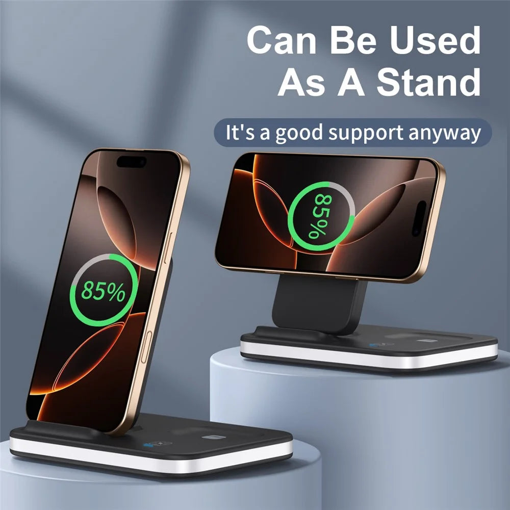 E16 Multifunction Foldable Wireless Charger Dock with Night Light for Mobile Phone / Airpods / Apple Watch - Black - 7