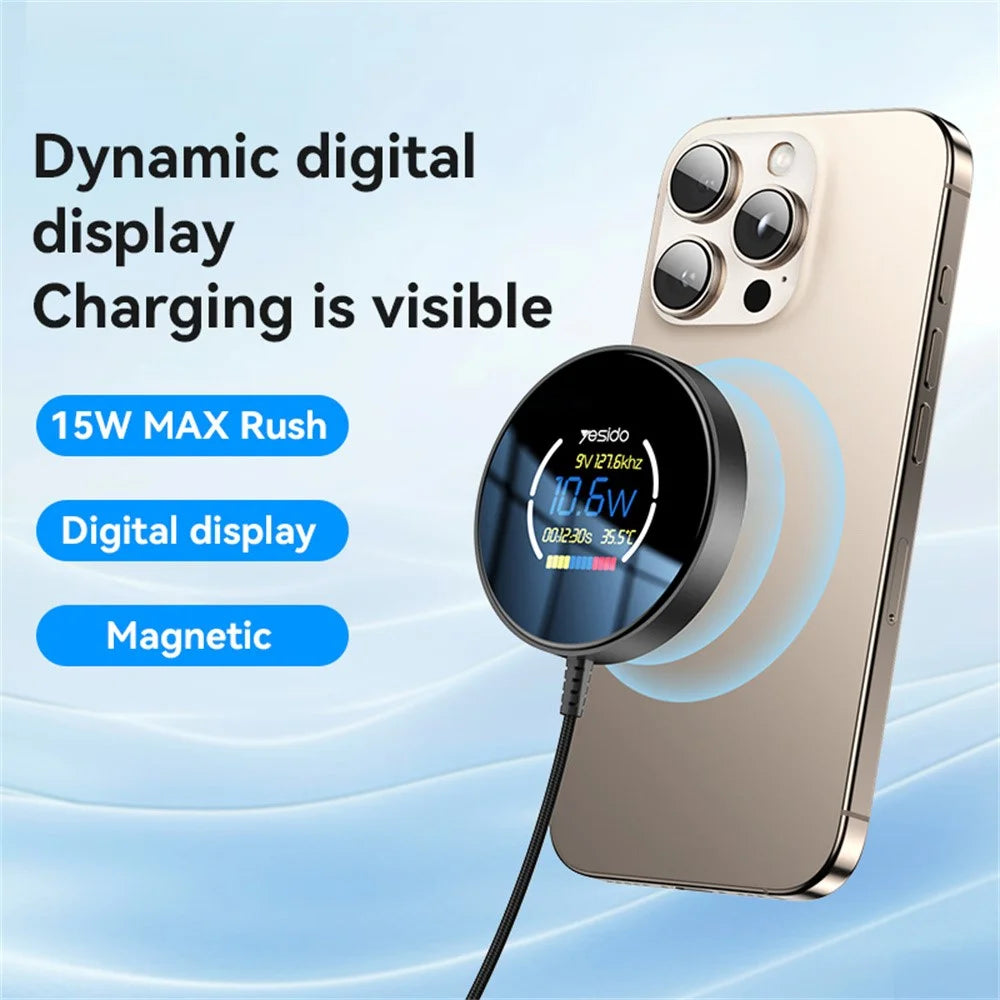 YESIDO DS28 Magnetic Wireless Charger Digital Display Fast Charging Pad with 1.2m Type C Cable - 2