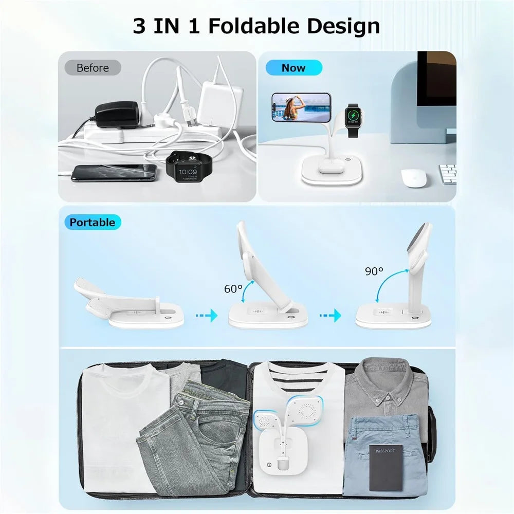 YM-UD22 Magnetic Wireless Charger Foldable Charging Station for iPhone 16-12 / Apple Watch / AirPods - White - 7