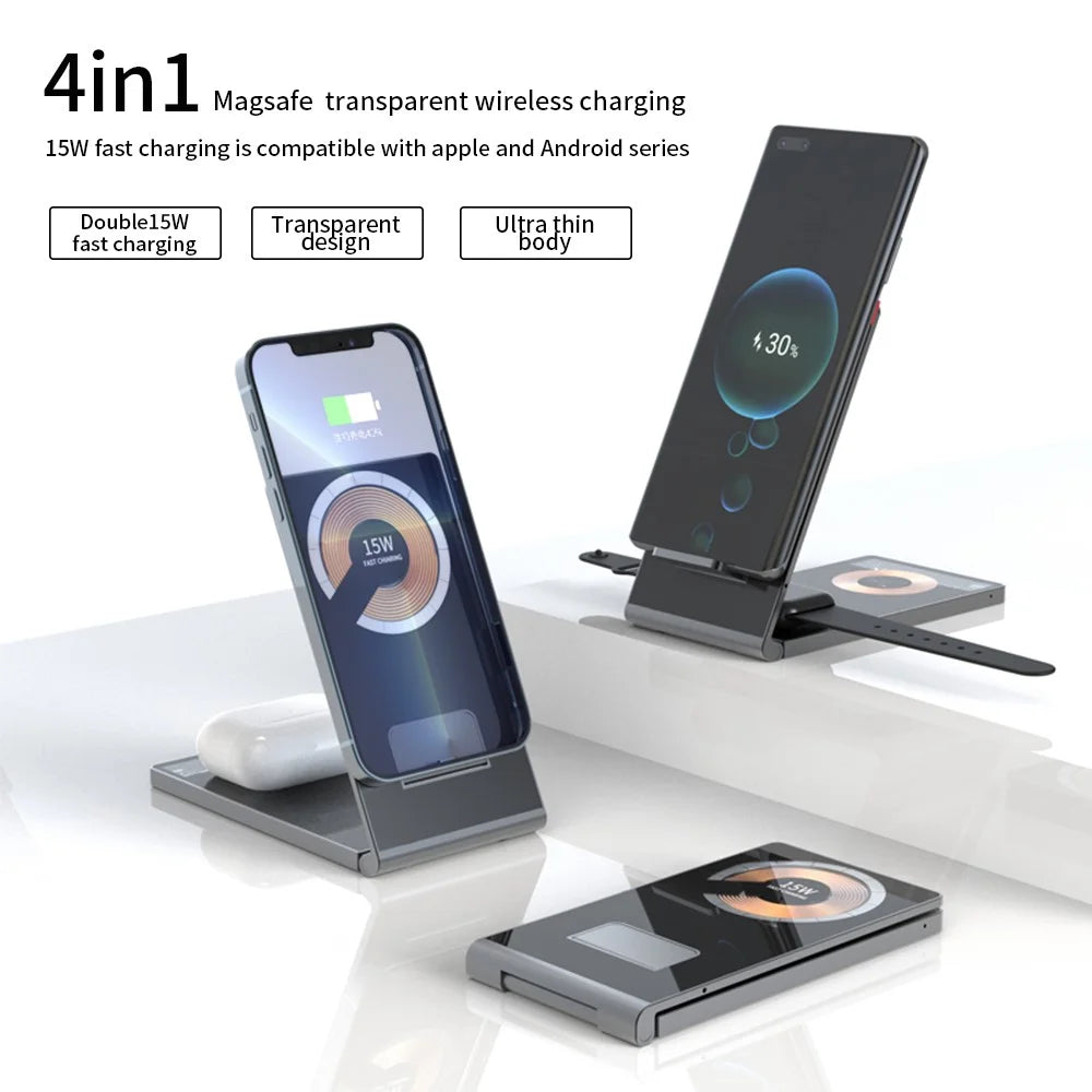 T05 Foldable 15W Magnetic Wireless Charger Transparent Charging Station for iPhone 13 / 12 / Apple Watch / AirPods Pro - 2