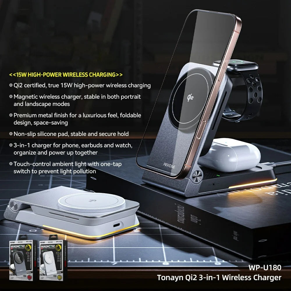 WEKOME WP-U180 Tonayn Qi2 3 in 1 Foldable Wireless Charger 15W Fast Charging for Phone Smartwatch Earbuds - Silver - 2