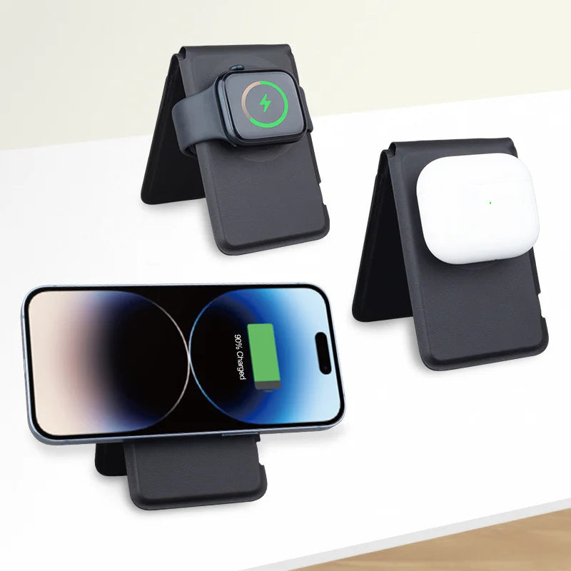 For iPhone / Apple Watch / AirPods Compatible with MagSafe Wireless Charger PU Leather Card Bag Phone Stand - Black - 4