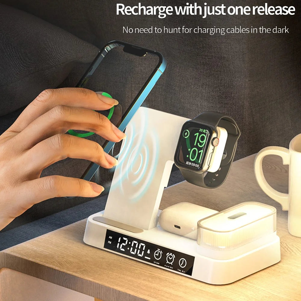 JJT-S37 15W Foldable Wireless Charger Dock Multifunctional Fast Charging Station with RGB Ambient Light and Clock for Samsung Watch - Black - 4